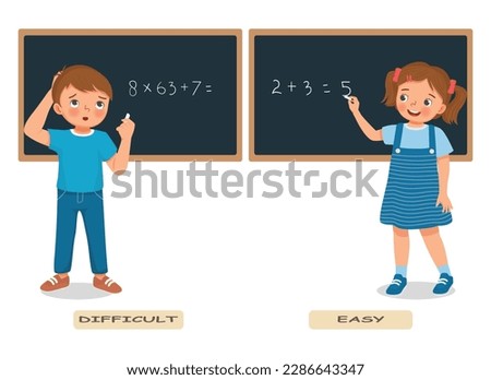 Opposite words antonym easy difficult with little boy girl solving math equation on the blackboard Royalty-Free Stock Photo #2286643347