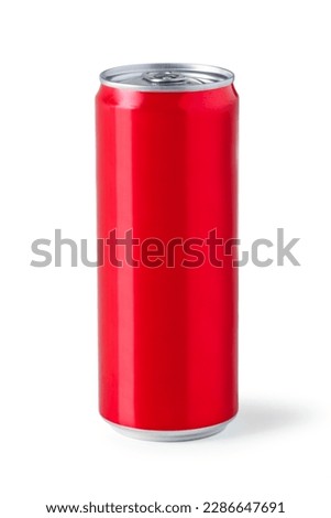 Red aluminum tin can with drink isolated on white background