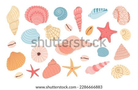 Set of seashells and starfish on white background. Flat cartoon style. Summer vacation collection, tropical beach shells. Royalty-Free Stock Photo #2286666883