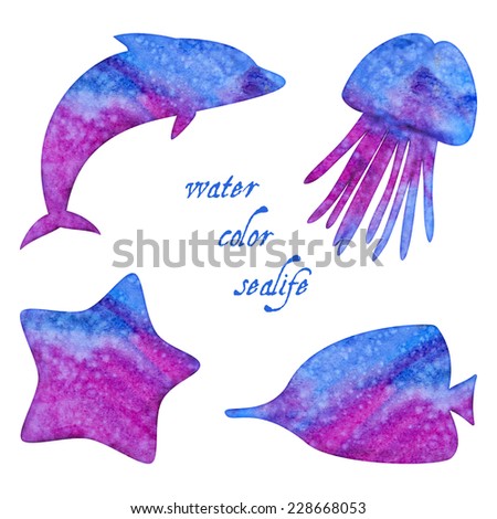 Set of sea animals with watercolor texture