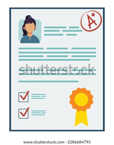 Girl report card icon, A plus student report card grade class rating review evaluation, Clip art image isolated on white background. Excellent evaluation test icon
