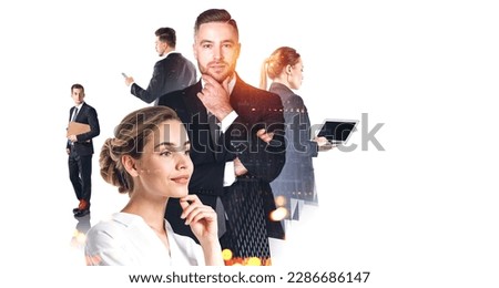 Five business people working together, pensive portraits on white background. Using smartphone and laptop for online network and conference. Concept of teamwork and strategy