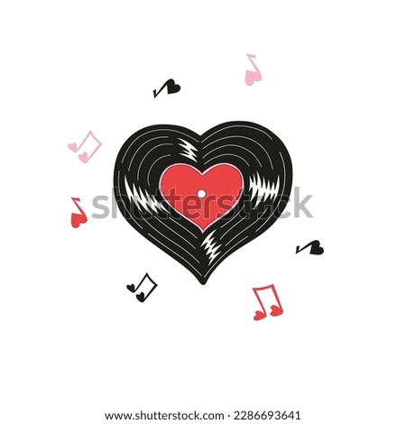Heart shaped vinyl record groovy hippie design. Love music. Valentines Day graphics. Vector illustration isolated on white.
