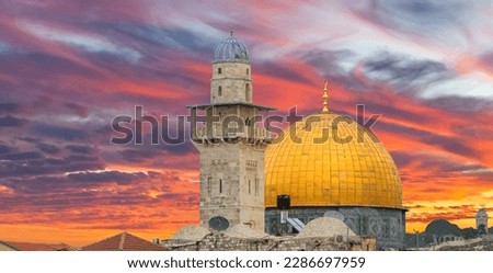 Dramatic sunrise above golden dome of Rock Mosque on Temple Mount in old city of Jerusalem Royalty-Free Stock Photo #2286697959