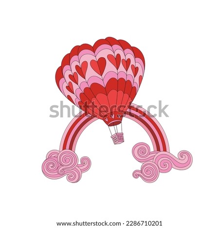 Groovy hippie heart shaped hot air balloon in the sky with rainbow. Valentines day design. Vector illustration isolated on white