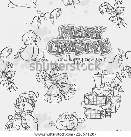 Christmas seamless texture with a snowman, Bullfinch and gifts. Black contour.