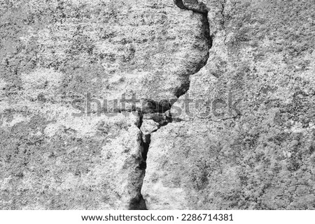 Big crack on old gray wall, abstract image of vertical cleft. Black and white photo. Close up. Copy space. Selective focus.