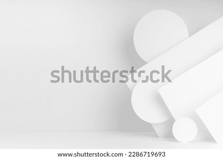 Abstract white stage with soft light stripes, corners, flying circles of paper in minimal urban geometric style, scene mockup for advertising, design, presentation cosmetics or goods, copy space.