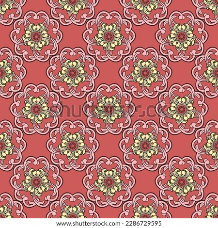 Seamless floral pattern, stylized poppies or chrysanthemums. Pink, red and yellow curly elements. Great for decorating fabrics, textiles, gift wrapping, printed matter, interiors, advertising.