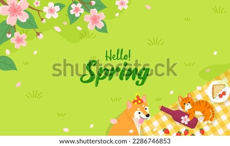 Hello! Spring background vector illustration. Picnic under Cherry blossoms trees with cat and dog	 Royalty-Free Stock Photo #2286746853