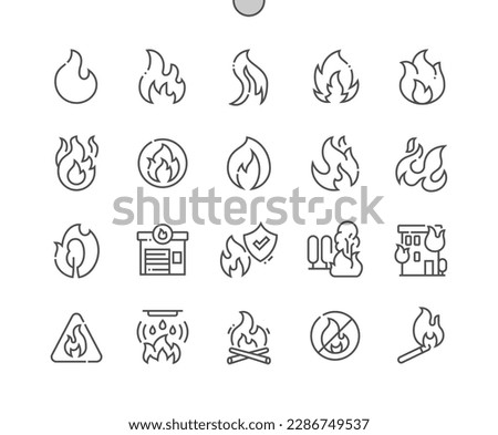 Fire. Conflagration. Burning building. No fire allowed. Fire station. Pixel Perfect Vector Thin Line Icons. Simple Minimal Pictogram