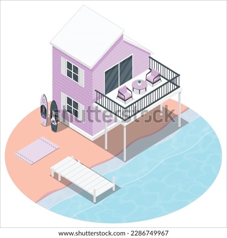 Luxury beach house and sea view swimming pool near empty grass floor deck in modern design, Vacation home or hotel for big family with blue sky background - 3d illustration of holiday villa exterior Royalty-Free Stock Photo #2286749967