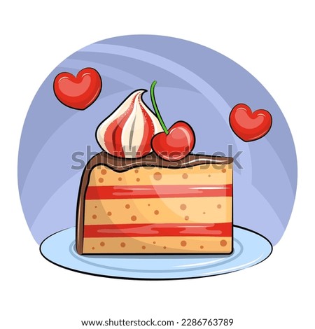 Cute cartoon piece of cherry cake with chocolate top. Vector illustration of a dessert on a plate on a blue background with two red hearts.