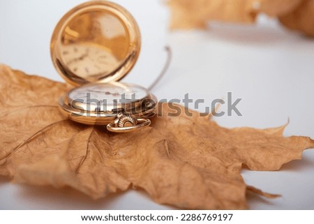 Pocket gold watch and dry beige leaves.