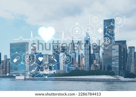 New York City skyline, United Nation headquarters over the East River, Manhattan, Midtown at day time, NYC, USA. Health care digital medicine hologram. The concept of treatment and disease prevention