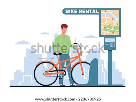 Bicycle rental service, guy rents bike. Bike parking. Ecological urban transport, man cycling. City navigation app. Vehicle sharing, eco lifestyle. Cartoon flat isolated vector concept