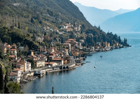 scenic view to village Argegno at lake Como in Italy Royalty-Free Stock Photo #2286804137