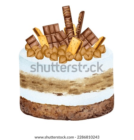 Cream cake decorated with chocolate, nuts and cookies. Watercolor holiday clipart for greeting cards, invitations, menus, logos, fabric prints. Wedding, birthday, anniversary design.
