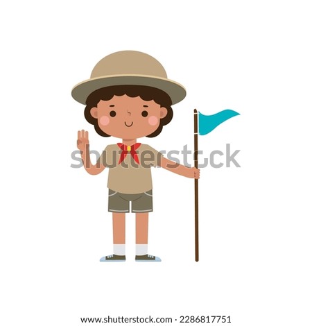 Cute african american little kid holding flag, boy scout or girl scout honor uniform, kids summer camp, Happy children cartoon flat character isolated vector illustration on white background