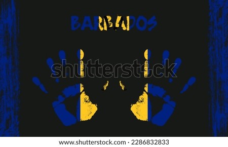 Vector flag of Barbados in the form of peaceful palms with text and brush strokes on a black background.