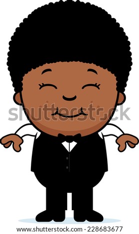 A cartoon illustration of a little waiter smiling.
