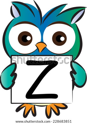 Vector drawing owl holding a card with letter z