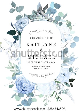 Dusty blue rose, white hydrangea, ranunculus, anemone, eucalyptus, greenery, juniper, magnolia vector design frame. Wedding seasonal flower card. Floral  watercolor composition. Isolated and editable Royalty-Free Stock Photo #2286843509