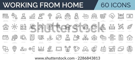Set of 60 line icons related to remote working, freelance, hybrid work, digital nomad, office, work at home. Outline icon collection. Editable stroke. Vector illustration.  Royalty-Free Stock Photo #2286843813