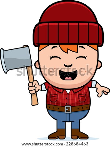 A cartoon illustration of a little lumberjack with an axe.