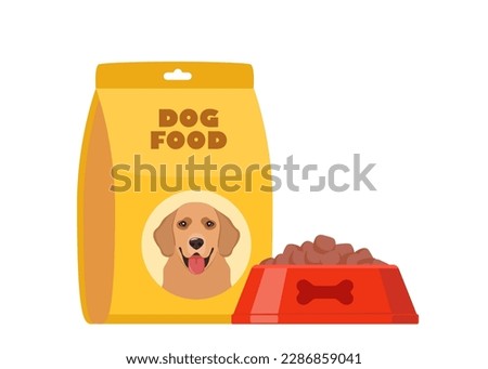 Dog food, bag package and full dry food bowl. Pet meal. Vector illustration