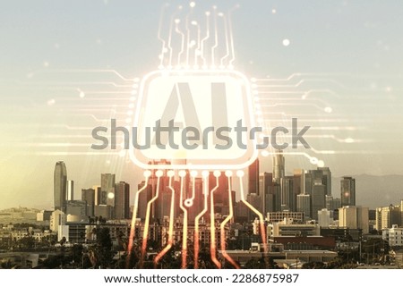 Abstract virtual artificial Intelligence symbol hologram on Los Angeles skyline background. Multiexposure
