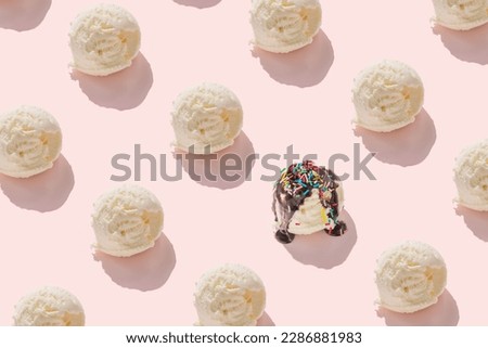 trendy seamless pattern of ice cream scoops and covered, strewed sprinkles and poured with chocolate icing on pink background, creative decoration.