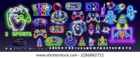 Retro gaming. Outline vector illustration of headset and joystick in 3d neon line art style on abstract background