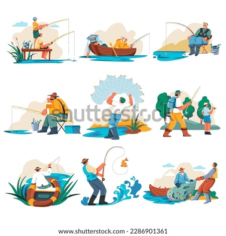 Fisherman character leisure. Fishermen on lake shore, cartoon fisher holding fishnet catch river fish, fishing rod boat angler hobby action recreation, vector illustration of character leisure fishing