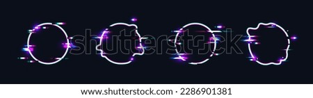 Glitch circle frames. Neon circles tv pixel distortion effects, illuminated round destroyed form for game frame, retro 80s futuristic technology digital vector illustration of neon effect glitch Royalty-Free Stock Photo #2286901381