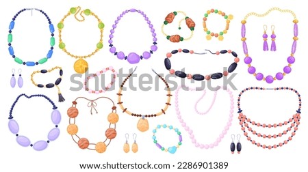 Women beaded necklaces. Beads and pearl jewelry, bracelet precious necklace on chain for fashion girl or woman, bijouterie summer accessories, vector illustration of necklace fashion design accessory Royalty-Free Stock Photo #2286901389