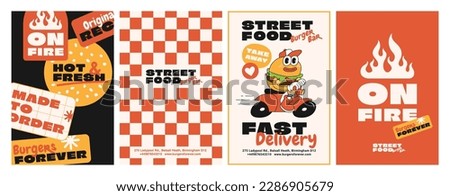 Burger retro cartoon fast food posters and cards. Comic character slogan quote and other elements for burger bar cafe restaurant. Menu, invitation, stories template. Groovy funky vector illustration. Royalty-Free Stock Photo #2286905679