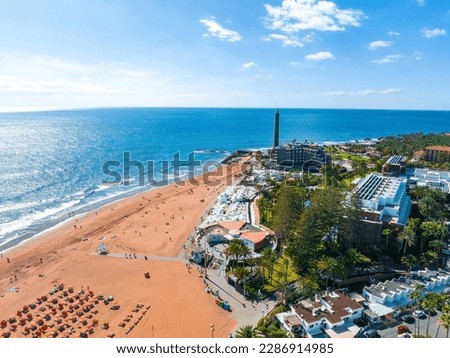 Panoramic aerial view of the Maspalomas Lighthouse, Grand Canary, Spain. Royalty-Free Stock Photo #2286914985