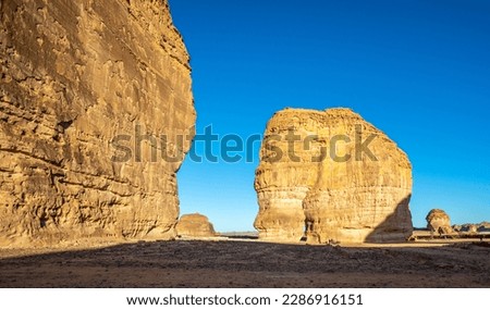 Sandstone elephant rock erosion monolith standing in the desert, Al Ula, Saudi Arabia Royalty-Free Stock Photo #2286916151