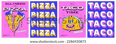 Trendy psychedelic posters set with funny fast food characters. Trippy pizza slice and crazy modern taco. Front and back side poster design. Vector illustration. Royalty-Free Stock Photo #2286920873