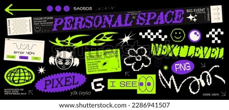 Collection acid y2k various patches , labels, tags, stickers,tickets bracelet stamps in retro style. Stickers in cyberpunk futuristic style in 2000s style. Vector set, trendy promo labels Royalty-Free Stock Photo #2286941507