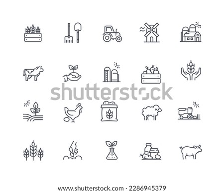 Farm icons outline set. Hen lays her eggs, farmer plants and harvests, chicken and cow. Tractor and barn. Farming and agriculture. Linear flat vector illustrations isolated on white background Royalty-Free Stock Photo #2286945379