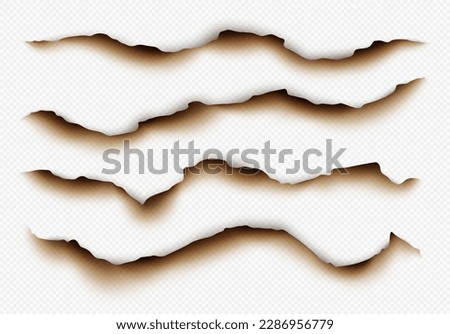 Burnt paper edges, scorched parchment, realistic torn edge with ash effect isolated on a light background. Vector illustration. Royalty-Free Stock Photo #2286956779