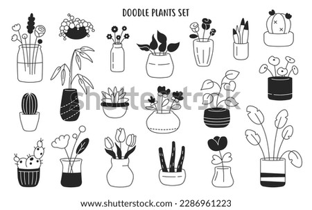 Flowers in flowerpots. Nature hand drawn vector illustration of flowers and plants modern collection. Vector pack of flowers in pots, house plants, cacti and succulents. Royalty-Free Stock Photo #2286961223