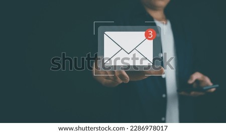 Businessman and message notification on realistic screen. Text connects global communication with work organizations, letters, business communications, resumes, online resumes, contacts.