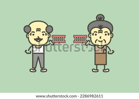 senior man and woman are holding denture or false teeth - dental cartoon vector flat style cute character for design