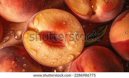 Peaches with leaves in a wooden box with peach in halves on top. Flat lay composition with ripe juicy peaches. Harvest of peaches for food or juice. Top view fresh organic fruit, vegan food. Royalty-Free Stock Photo #2286986775