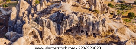 Beautiful stunning view of the mountains of Cappadocia and cave houses. Turkey BANNER, LONG FORMAT