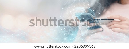 Double exposure of young woman using mobile phone shopping online and 3D social media network graphics abstract bokeh background use for banner cover