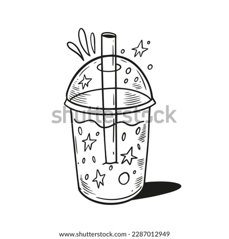 Lemonade drink or cocktail in isolated plastic cup sketch style vector illustration on white background.